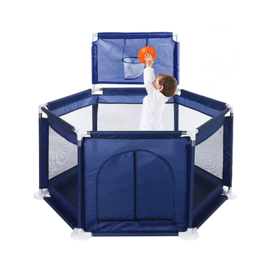 DMG TECH Baby Playpen, Foldable Baby Kids Playpen Activity Center Room, Baby Furniture Play Yard with Basketball Hoop, Sturdy Playpen with Anti-Slip Base for Indoor and Outdoor (BLUE)