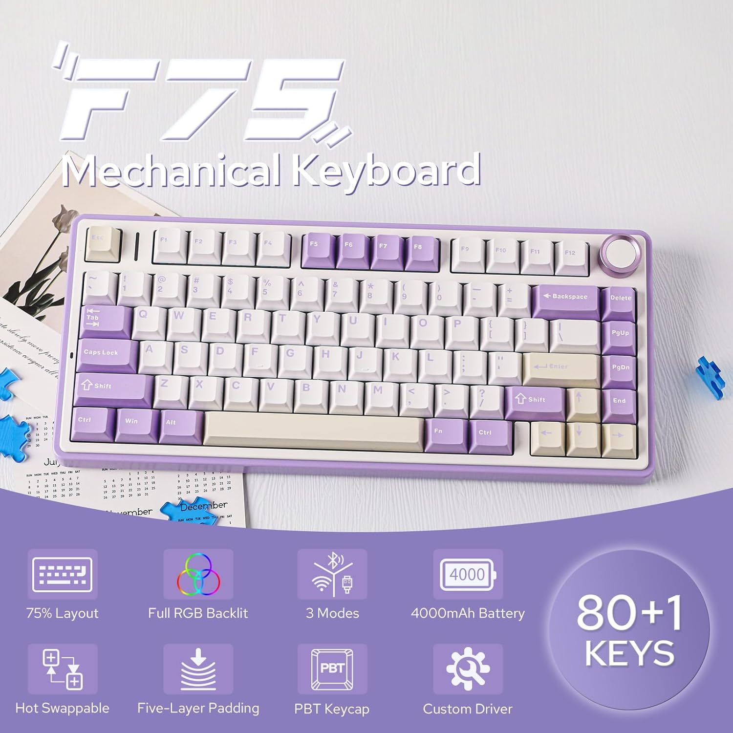 EPOMAKER x AULA F75 Gasket Mechanical Keyboard, 75% Wireless Hot Swappable Gaming Keyboard with Five-Layer Padding&Knob, Bluetooth/2.4GHz/USB-C, RGB (Black Gradient, LEOBOG Reaper Switch)