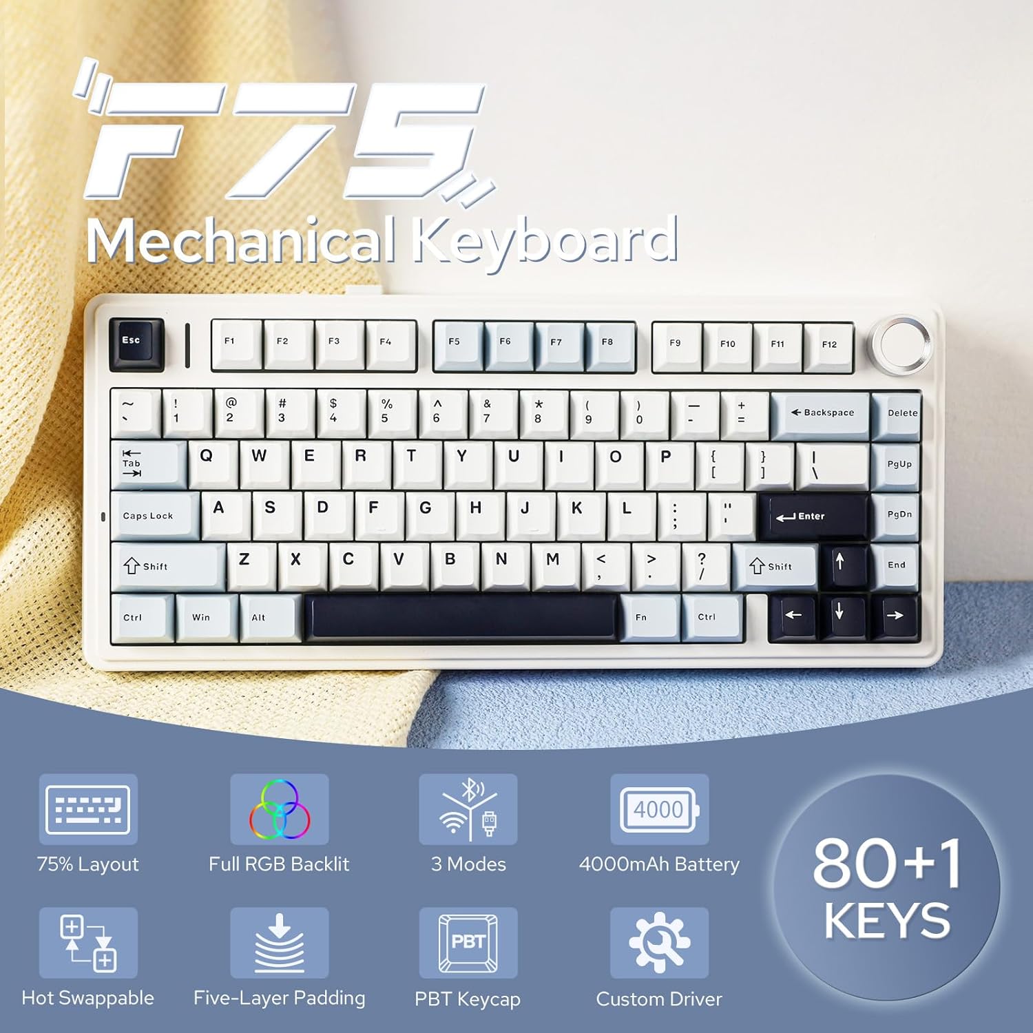 EPOMAKER x AULA F75 Gasket Mechanical Keyboard, 75% Wireless Hot Swappable Gaming Keyboard with Five-Layer Padding&Knob, Bluetooth/2.4GHz/USB-C, RGB (Black Gradient, LEOBOG Reaper Switch)