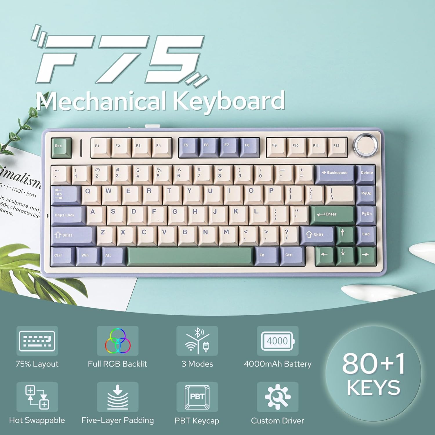 EPOMAKER x AULA F75 Gasket Mechanical Keyboard, 75% Wireless Hot Swappable Gaming Keyboard with Five-Layer Padding&Knob, Bluetooth/2.4GHz/USB-C, RGB (Black Gradient, LEOBOG Reaper Switch)