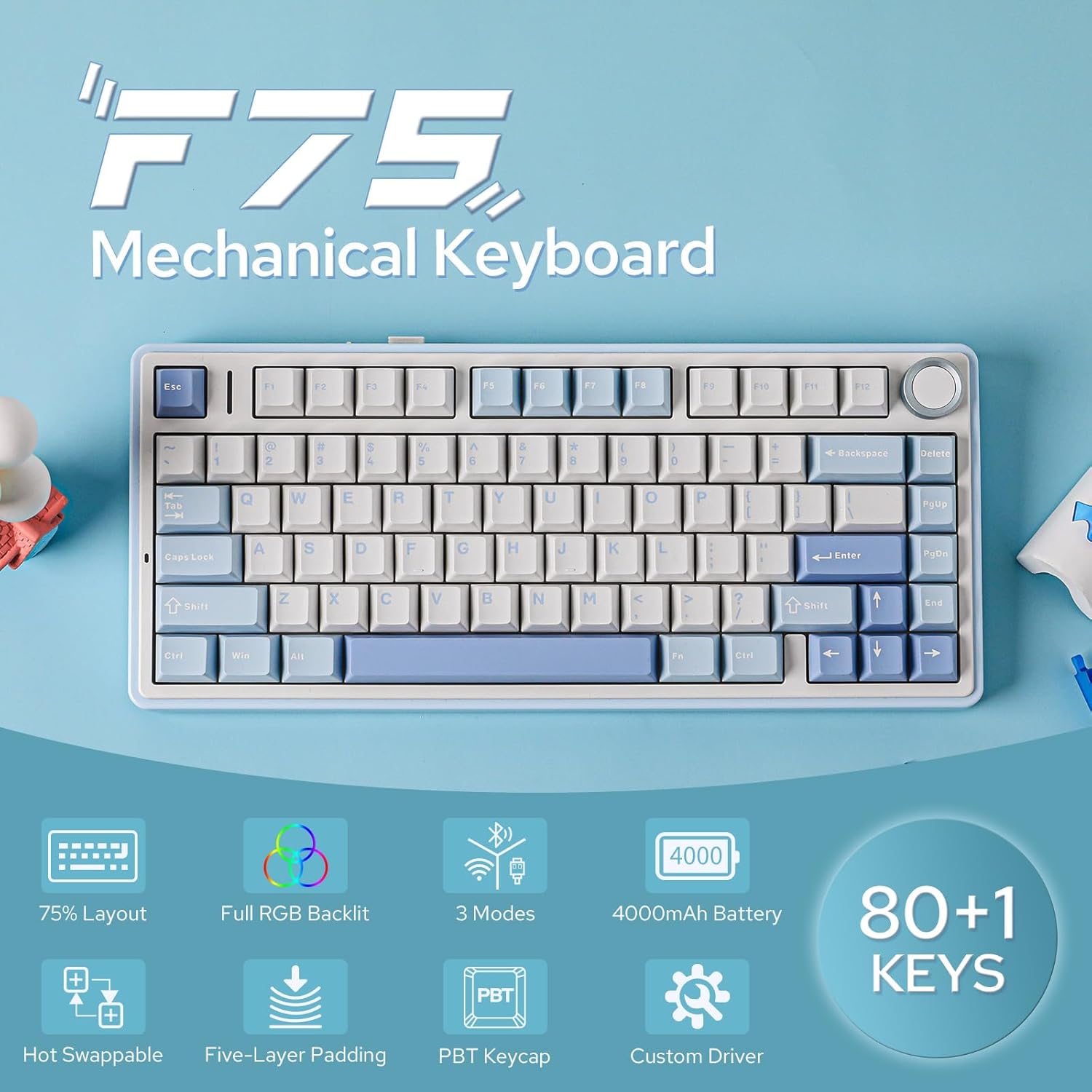 EPOMAKER x AULA F75 Gasket Mechanical Keyboard, 75% Wireless Hot Swappable Gaming Keyboard with Five-Layer Padding&Knob, Bluetooth/2.4GHz/USB-C, RGB (Black Gradient, LEOBOG Reaper Switch)