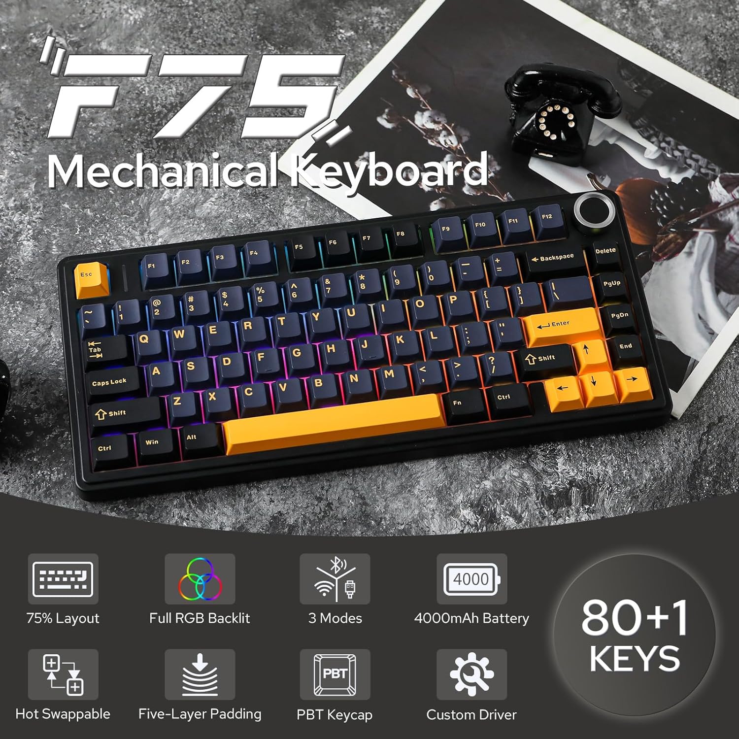 EPOMAKER x AULA F75 Gasket Mechanical Keyboard, 75% Wireless Hot Swappable Gaming Keyboard with Five-Layer Padding&Knob, Bluetooth/2.4GHz/USB-C, RGB (Black Gradient, LEOBOG Reaper Switch)