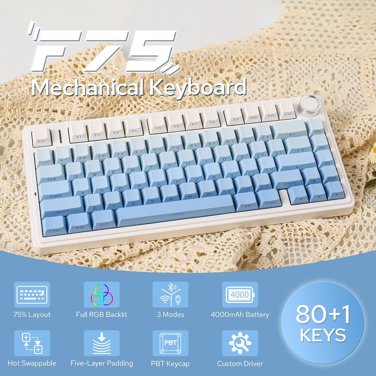 EPOMAKER x AULA F75 Gasket Mechanical Keyboard, 75% Wireless Hot Swappable Gaming Keyboard with Five-Layer Padding&Knob, Bluetooth/2.4GHz/USB-C, RGB (Black Gradient, LEOBOG Reaper Switch)