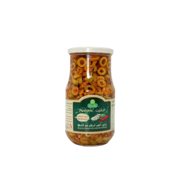 Halwani Mukhtarat Sliced Green Olives with Chili in Olive Oil 325 g