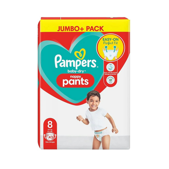 Pampers Baby-Dry Nappy Pants Size 8, 43 Nappies, 19kg+, Jumbo+ Pack - Size 8 (Pack of 43)