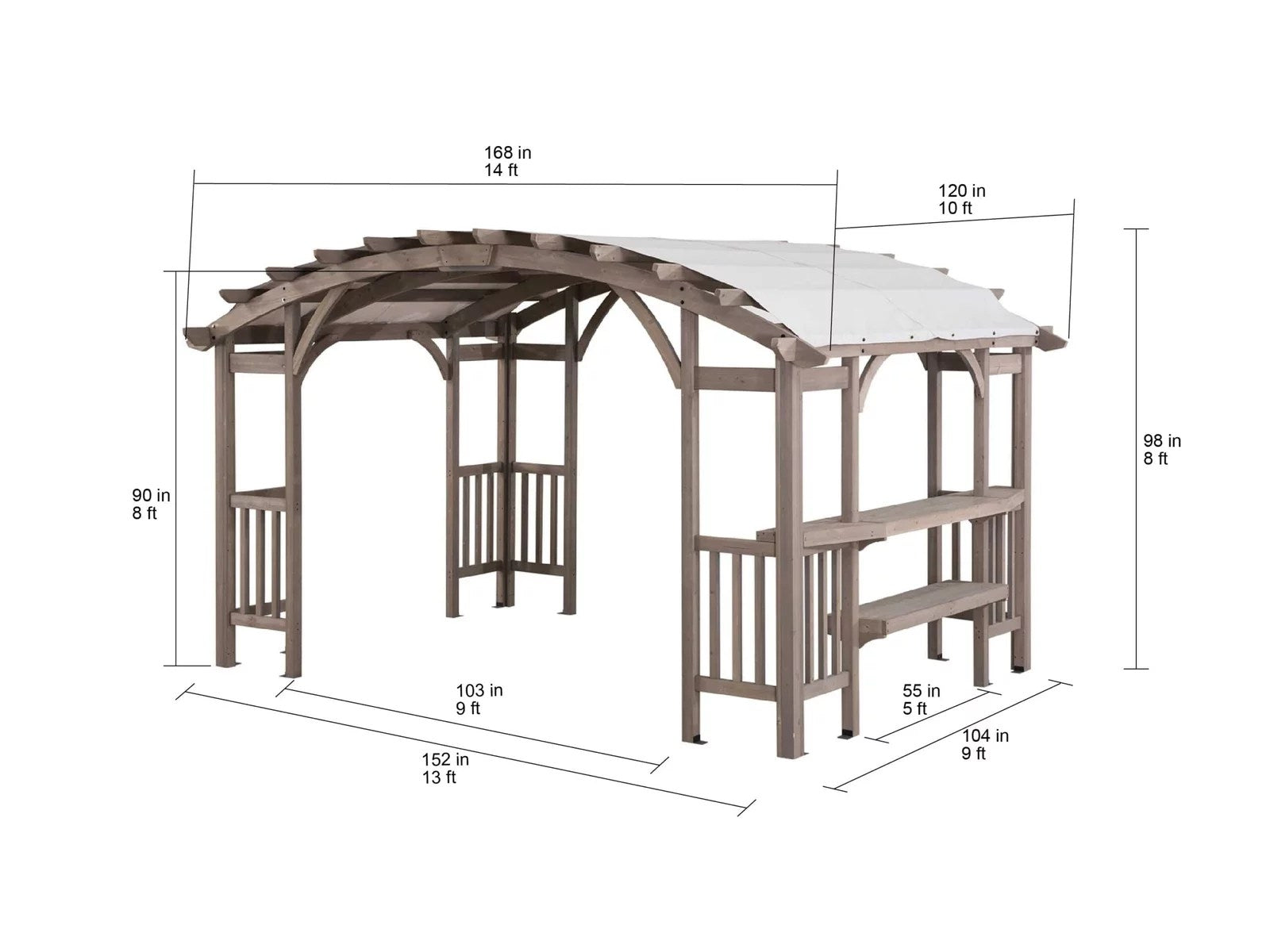 SummerCove 10 ft. x 14 ft. Light Gray Cedar Frame Arched Pergola with Shelves
