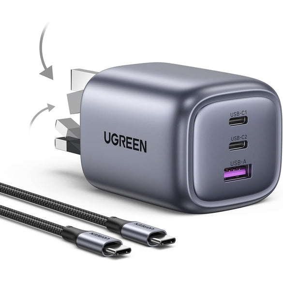 UGREEN Nexode 65W 3-Port Type C Charger, Foldable USB-C Wall Fast Charge Plug, GaN Laptop Charging Adapter Compatible for MacBook Air, HP/Dell/Lenovo, iPad, iPhone 17 Pro Max/16, Galaxy S24 Ultra/S23