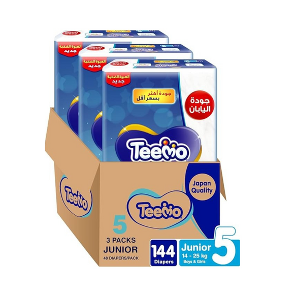 Teemo Diapers, Size 5 Junior, 14-25 kg, Mega Pack 3 - 144 Diapers