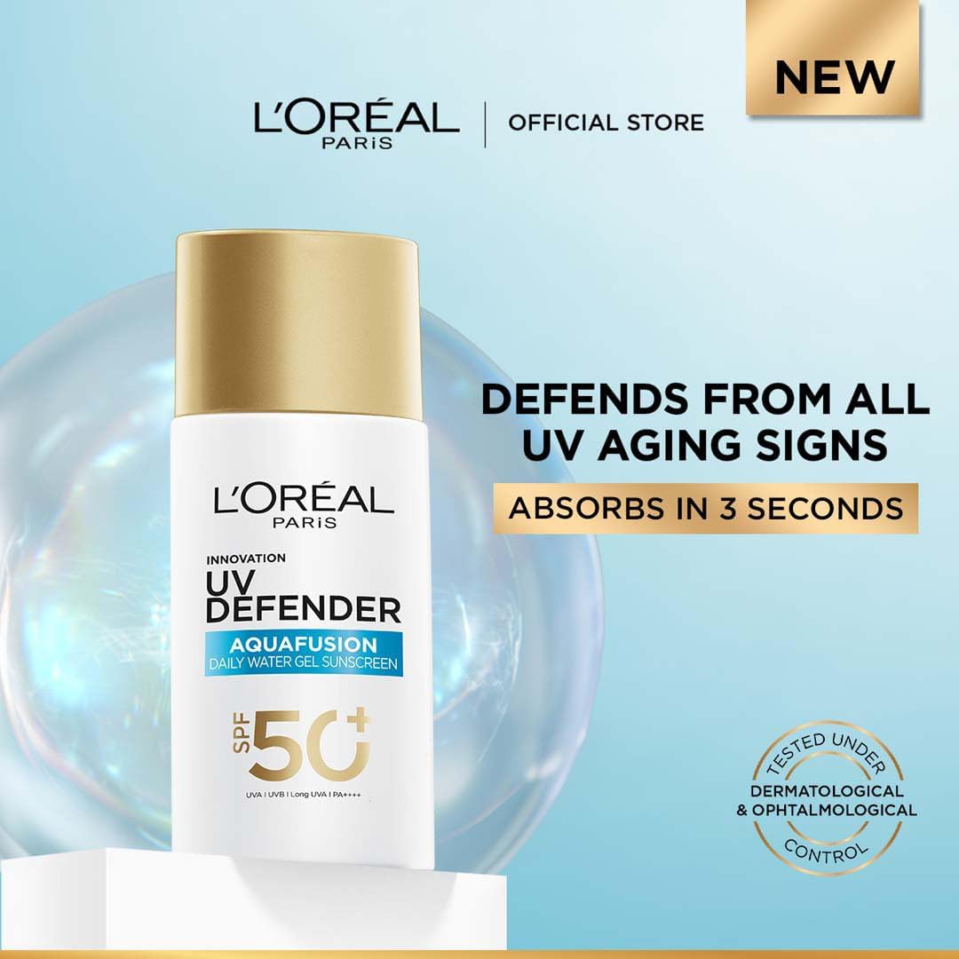 L’Oréal Paris UV Defender Aquafusion Daily Water Gel Sunscreen SPF50+ PA++++, Defends from all UV aging signs, Absorbs in 3 Seconds, 50ml