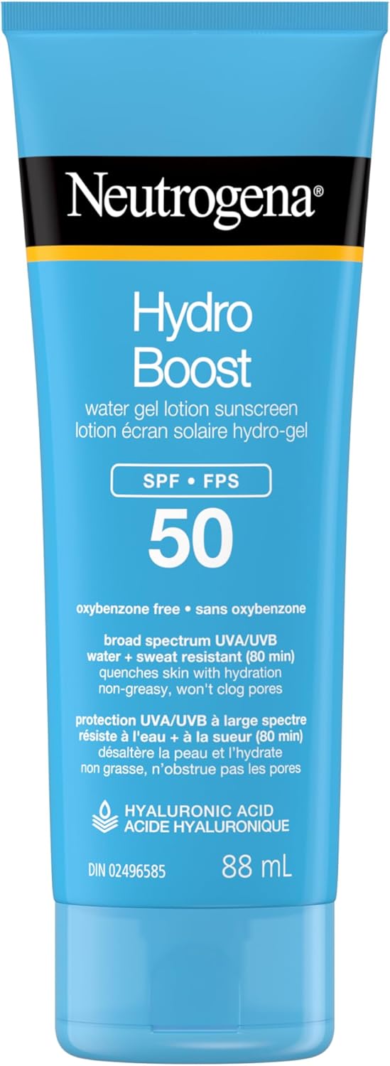 Neutrogena Hydro Boost Water Gel Lotion Sunscreen SPF 50 – 88ml | Broad Spectrum UVA/UVB Protection, Water & Sweat Resistant (80 min), Hydrating & Non-Greasy, Won’t Clog Pores