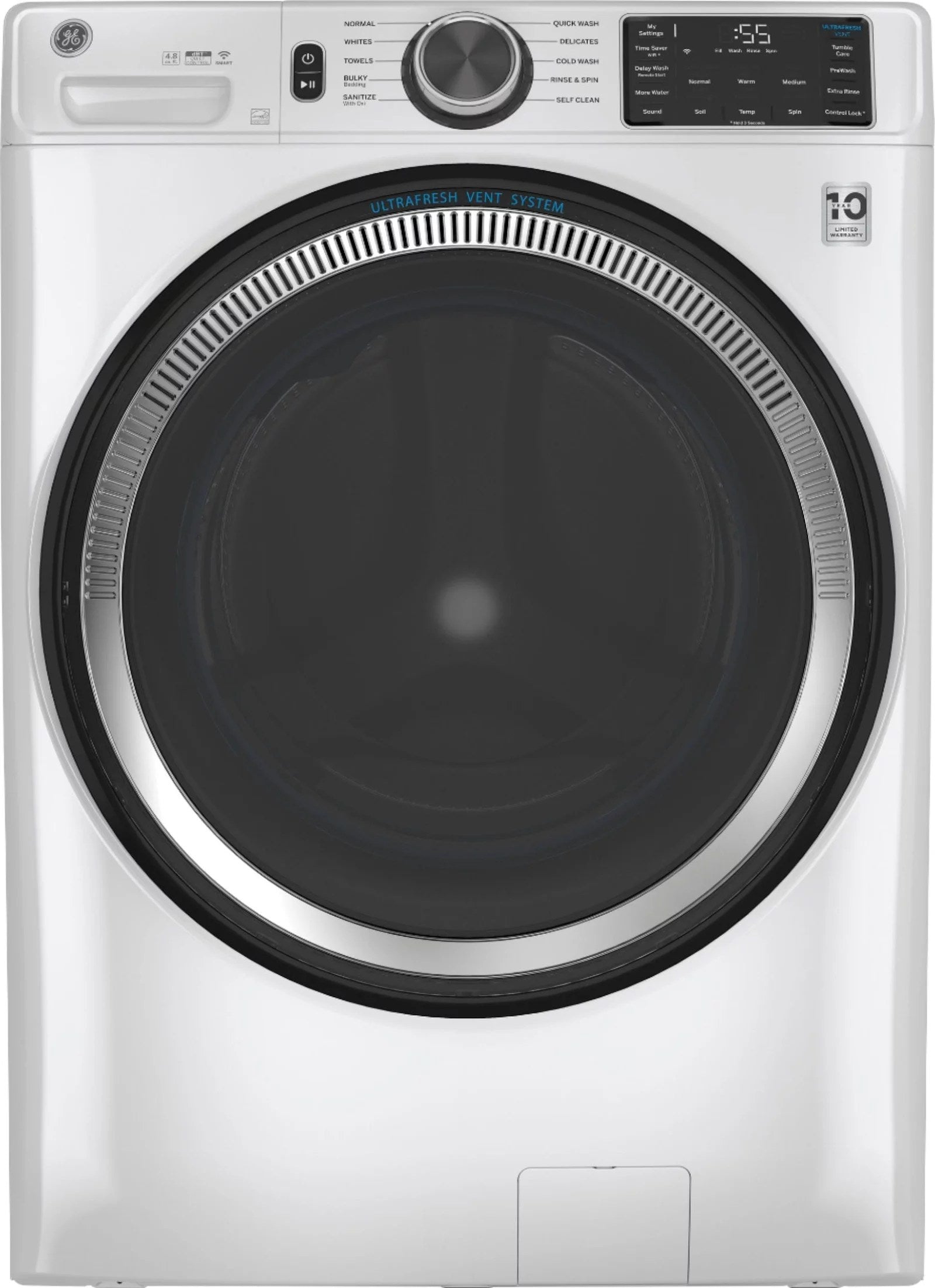 GE – 4.8 CuFt High-Efficiency Stackable Smart Front Load Washer w/UltraFresh Vent System & Microban Antimicrobial Technology – White on white
