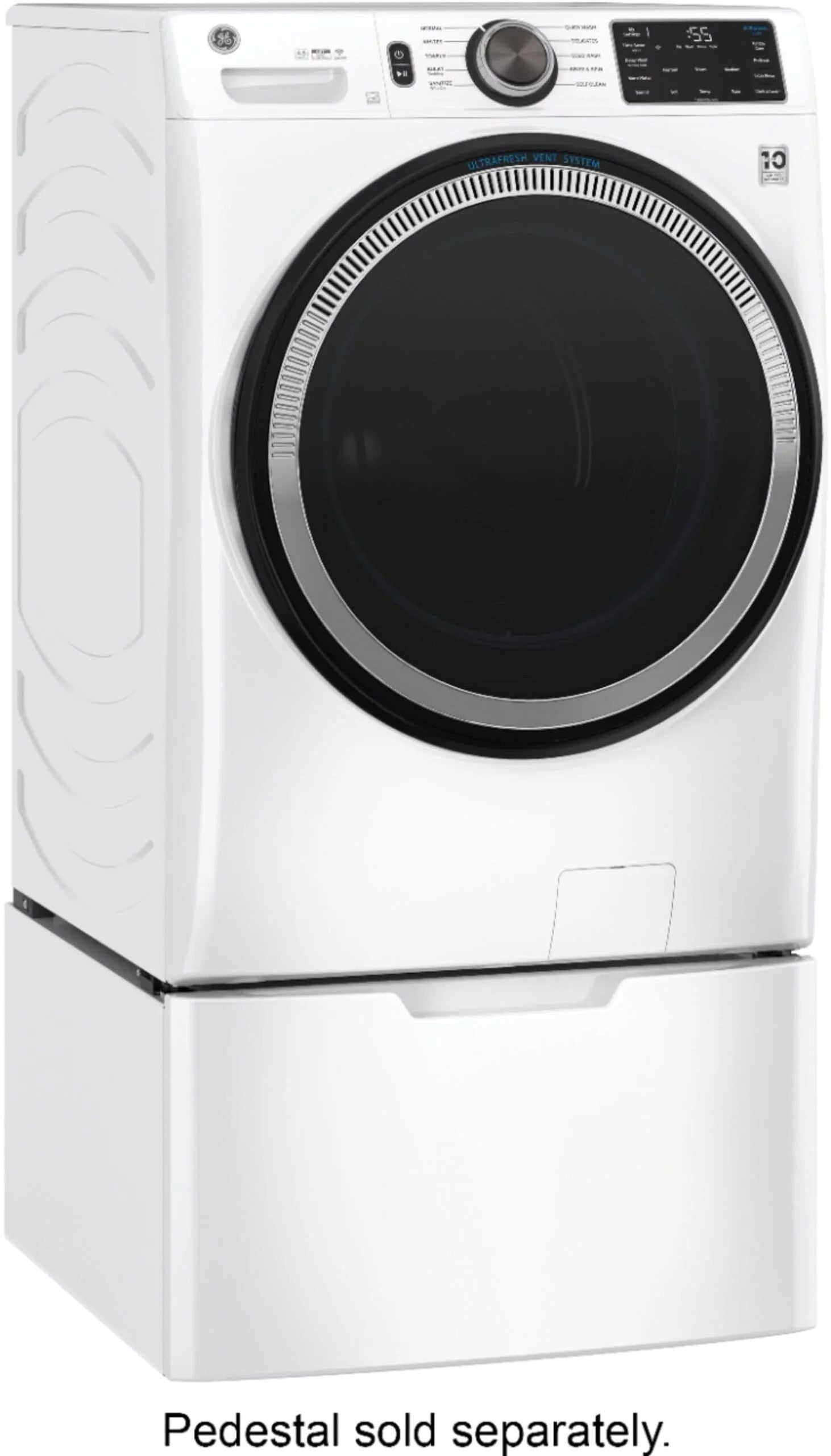 GE – 4.8 CuFt High-Efficiency Stackable Smart Front Load Washer w/UltraFresh Vent System & Microban Antimicrobial Technology – White on white