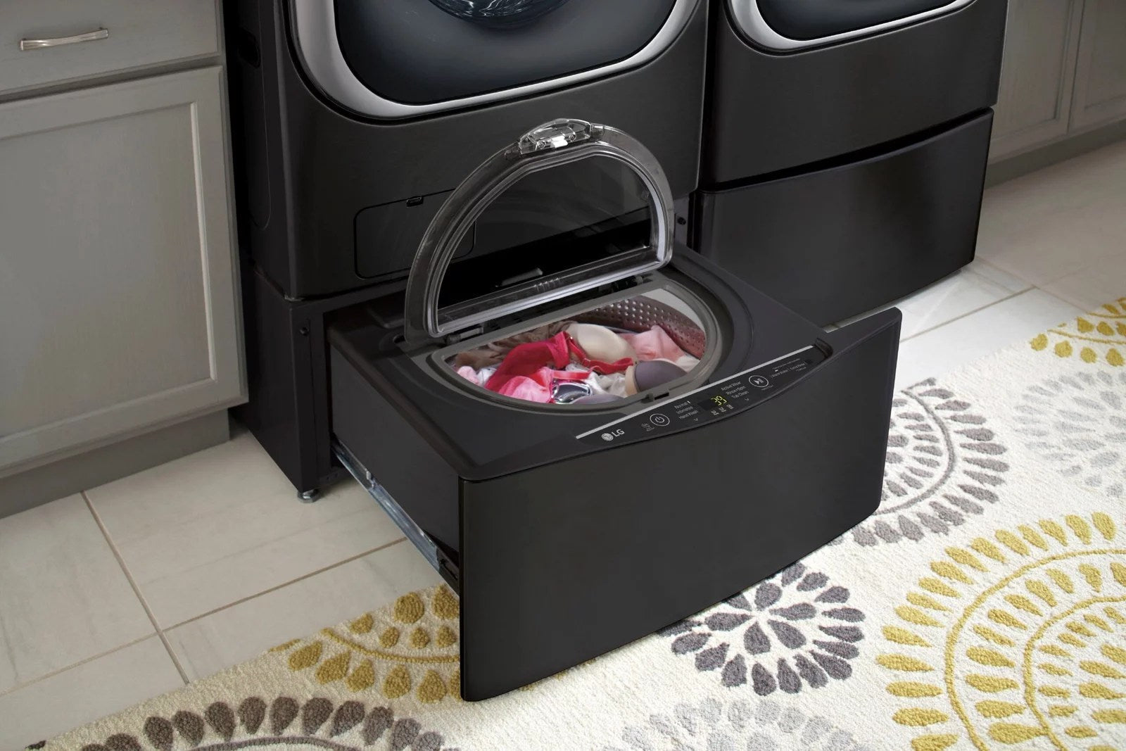 LG – SideKick 1.0 Cu. Ft. High-Efficiency Smart Top Load Pedestal Washer with 3-Motion Technology – Black steel