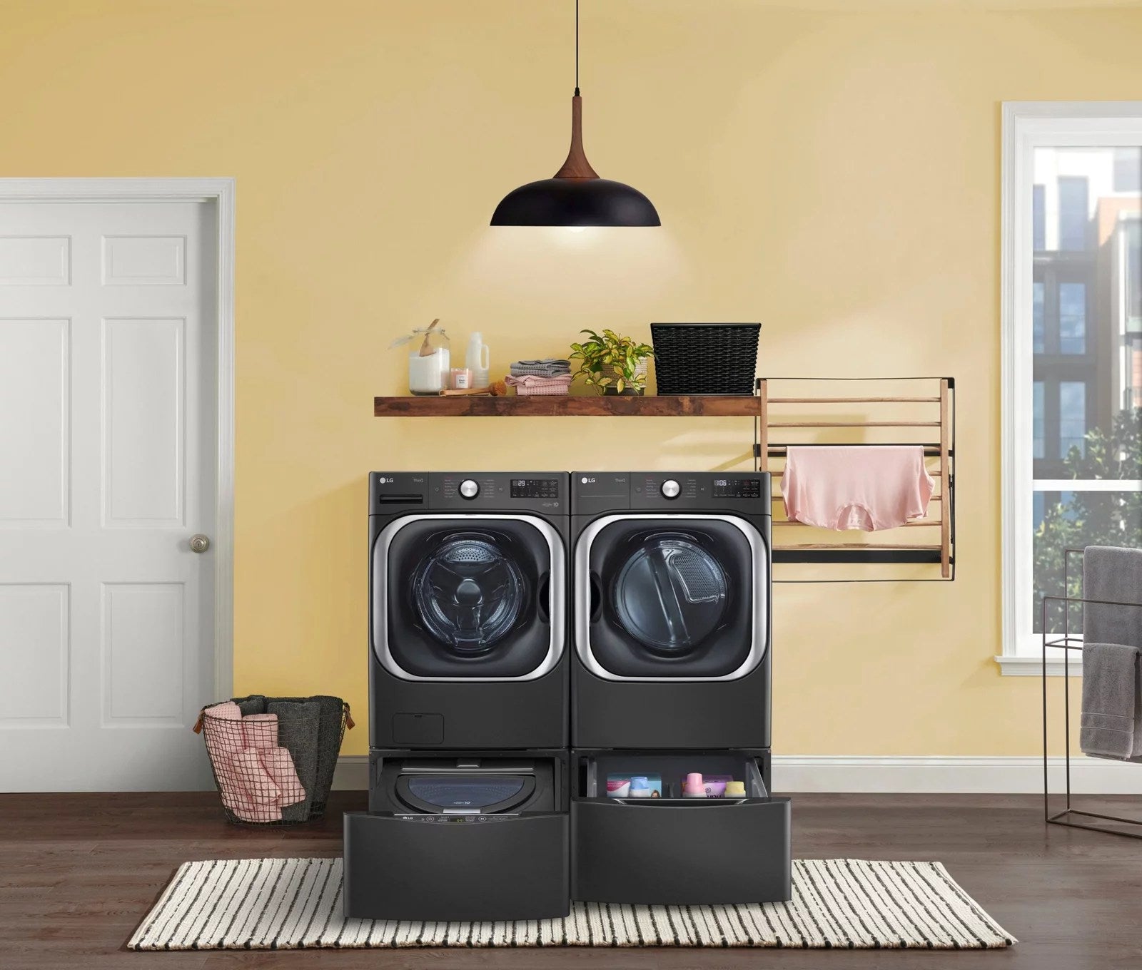 LG – SideKick 1.0 Cu. Ft. High-Efficiency Smart Top Load Pedestal Washer with 3-Motion Technology – Black steel