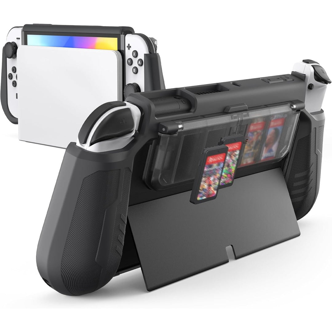 KIWIHOME Dockable Case Compatible with Nintendo Switch OLED Model 2021, with Flip Design Game Card Holder, Ergonomic Comfort TPU Grip Protective Case for Switch OLED Console, Games and Joy-Cons, Black