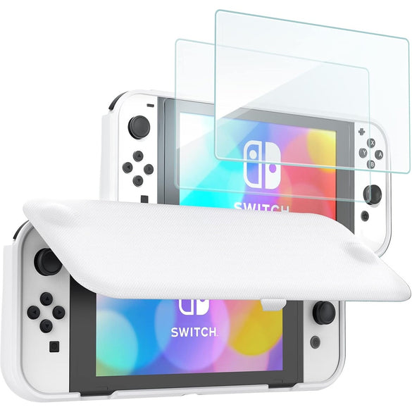 ProCase for Nintendo Switch OLED 2021 Flip Case with 2 Pack Tempered Glass Screen Protectors, Flip Case with Magnetically Detachable Front Cover for Nintendo Switch OLED -Black