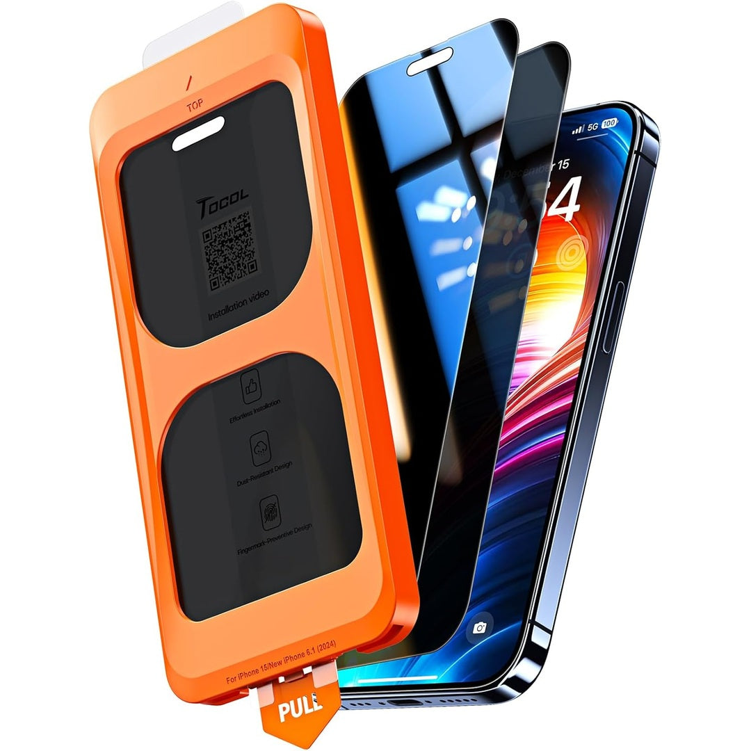 TOCOL 2 Pack for iPhone 15 Pro Screen Protector 6.1 Inch, Easy Installation Full Coverage No Bubbles No Dust Military Grade Shatterproof, 9H Hardness Tempered Glass Screen Protector, Case Friendly