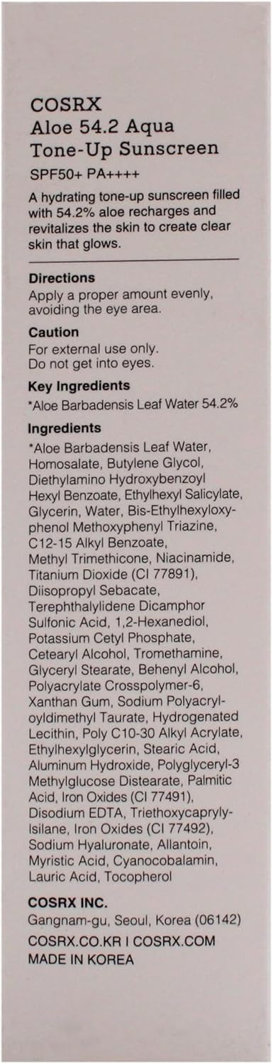 COSRX Aloe 54.2 Aqua Tone-Up Sunscreen SPF 50 Plus for Unisex - 1.69 oz Sunscreen