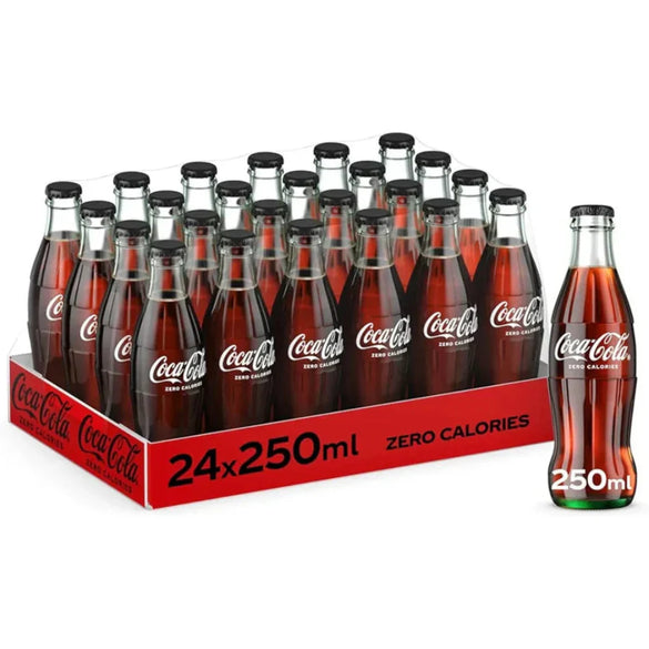 Coca-Cola Zero Calories, Carbonated Soft Drink, Glass Bottle 250ml, pack of 24