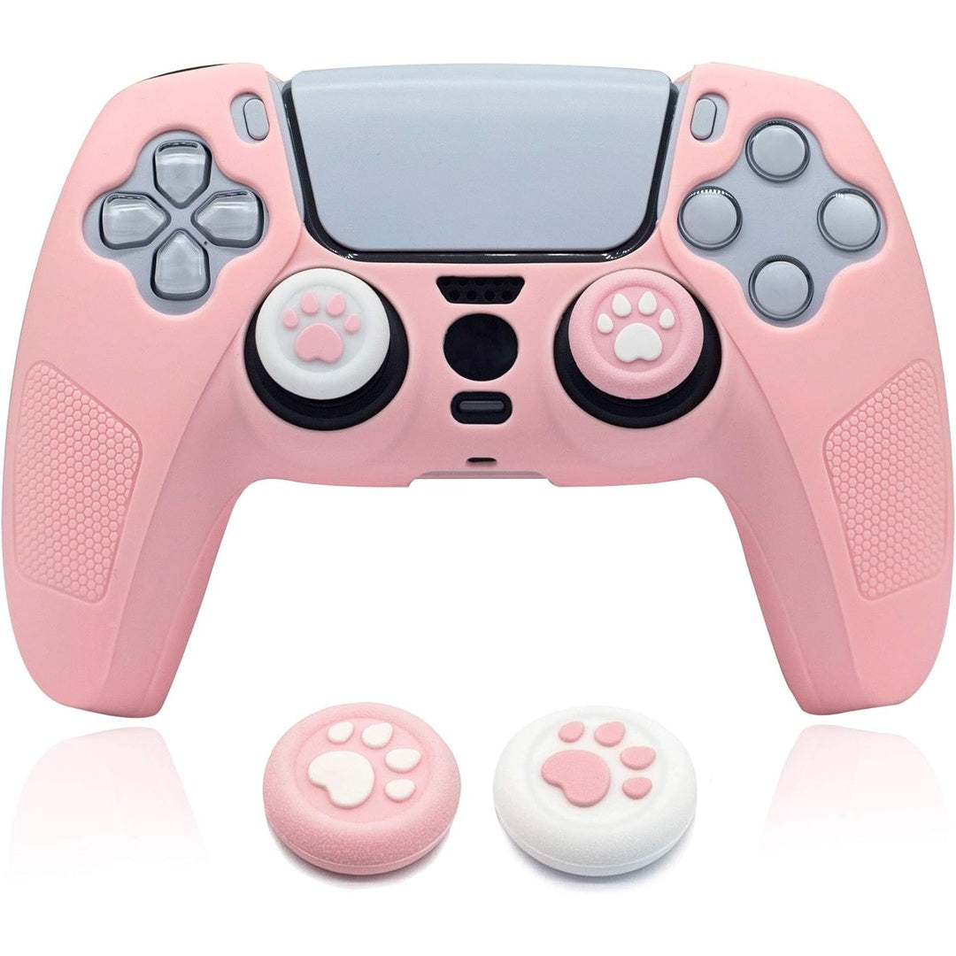 BRHE Skin for PS5 Controller Grip Cover Anti-Slip Silicone Protector Rubber Case Cute Kawaii Accessories Set Gamepad Joystick Shell with 2 Thumb Grip Caps (Full Covered, Pink)