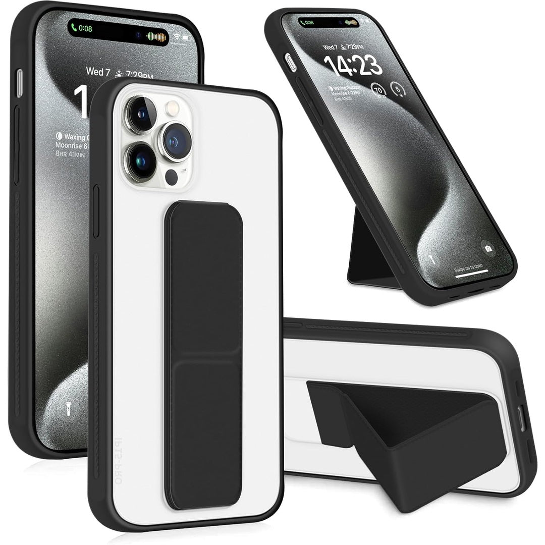 INFOSUN for iPhone 14 Pro Case Stand Cover Matte Cases with Frosted Back Hand Grip Kickstand Cover Holder Shockproof Translucent Design for iPhone 14 Pro (6.1 Inch) (2022) (Black)