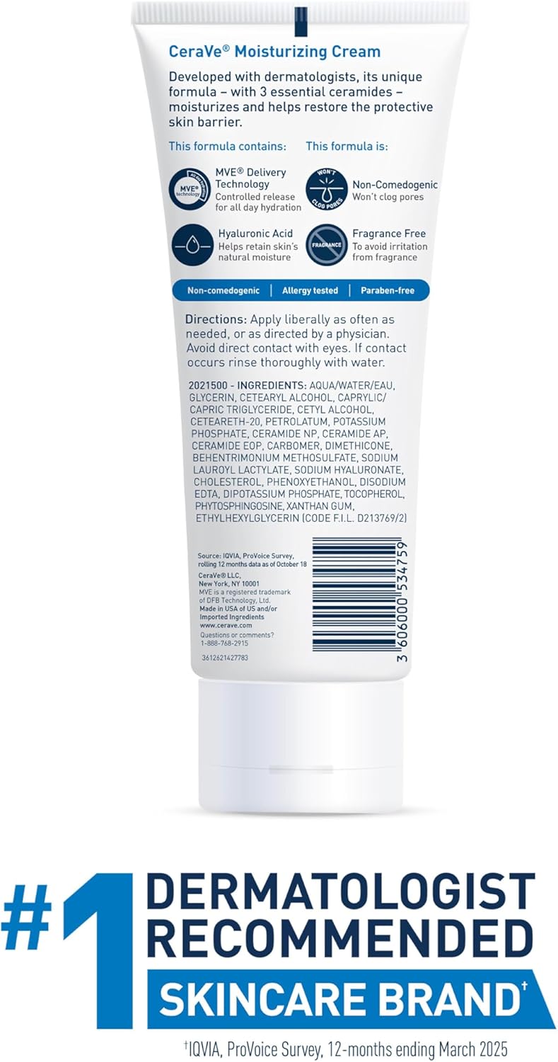 CeraVe Moisturizing Cream, Body and Face Moisturizer for Dry Skin, Body Cream with Hyaluronic Acid and Ceramides, 19 Ounce