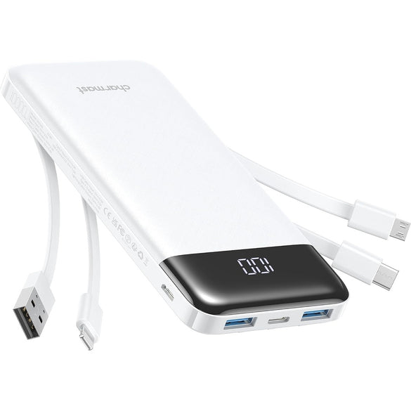 Portable Charger with Built in Cables, Portable Charger with Cords Wires Slim 10000mAh Travel Battery Pack 6 Outputs 3 Inputs 3A Fast Charging Power Bank for Samsung Google Pixel LG Moto iPhone iPad