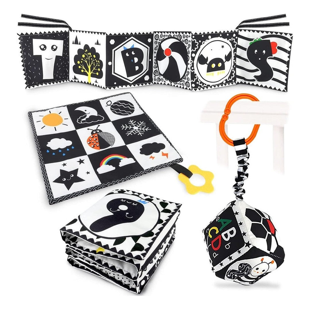 KUANGO 3 Pcs Black and White High Contrast Baby Toys 0-3 Months for Newborn, Montessori Toys for Babies Sensory Soft Book for Early Education, Infant Tummy Time Toys 0 6 9 Months Baby Gifts