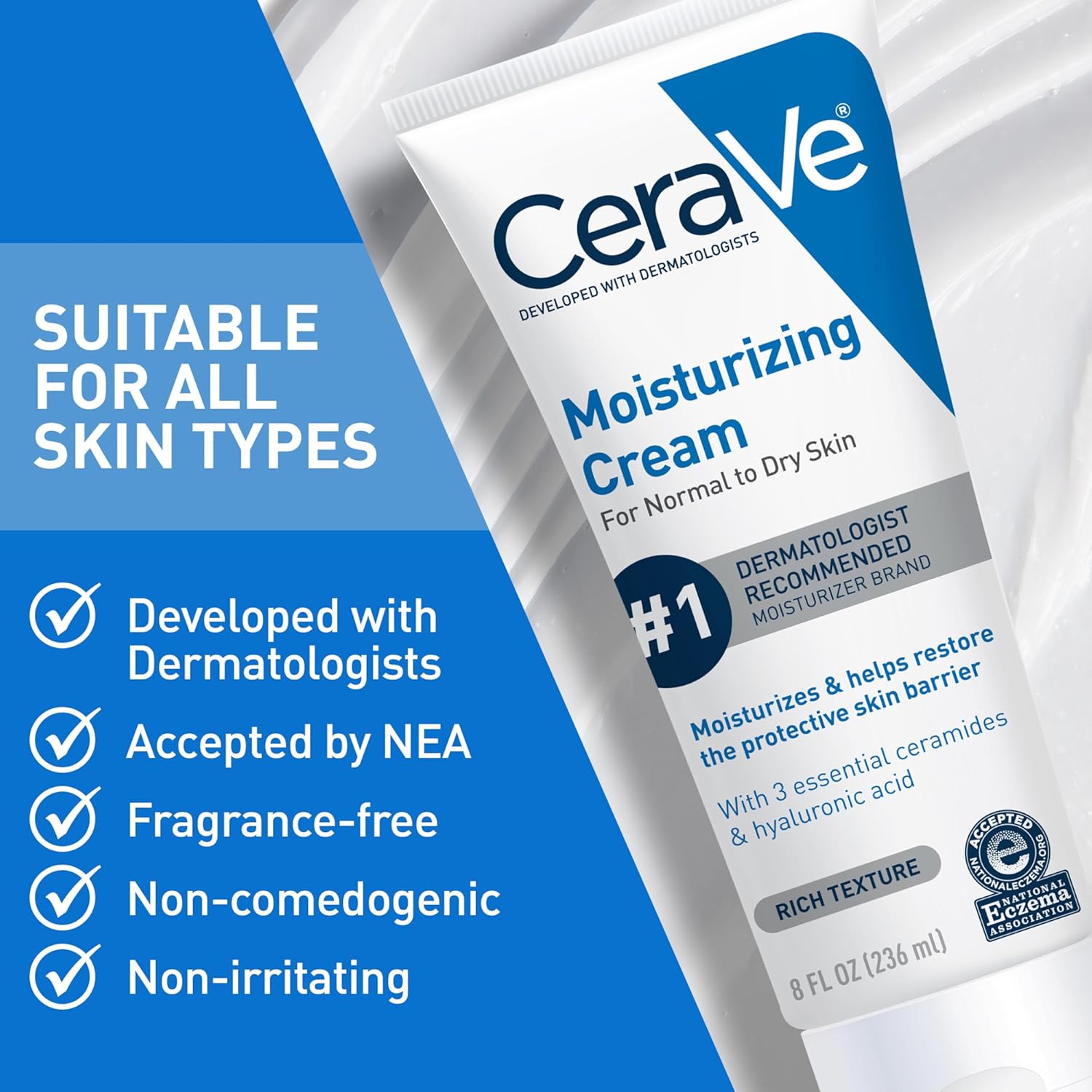 CeraVe Moisturizing Cream, Body and Face Moisturizer for Dry Skin, Body Cream with Hyaluronic Acid and Ceramides, 19 Ounce