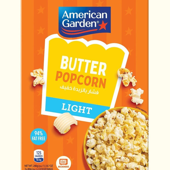 American Garden Microwave Butter Lite Popcorn, Gluten-Free, 240g (3 Bags of 80g)