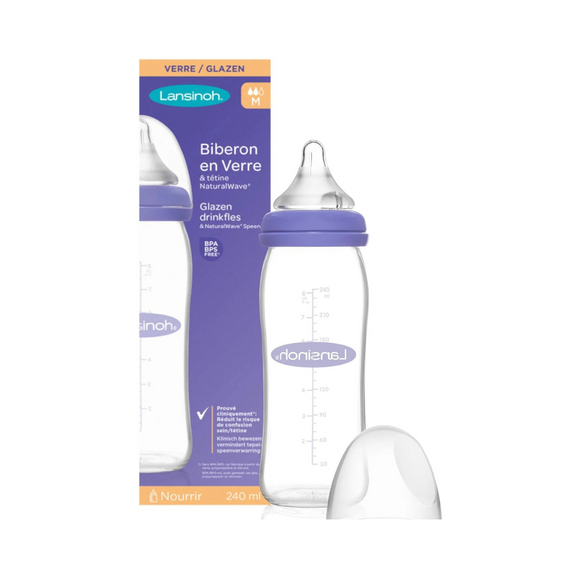 Lansinoh Glass Baby Bottle with NaturalWave Teat (160 ml), Anti-colic, Premium heat & thermal shock-resistant glass, Slow Flow soft & flexible silicone teat, teats are BPA & BPS free, purple