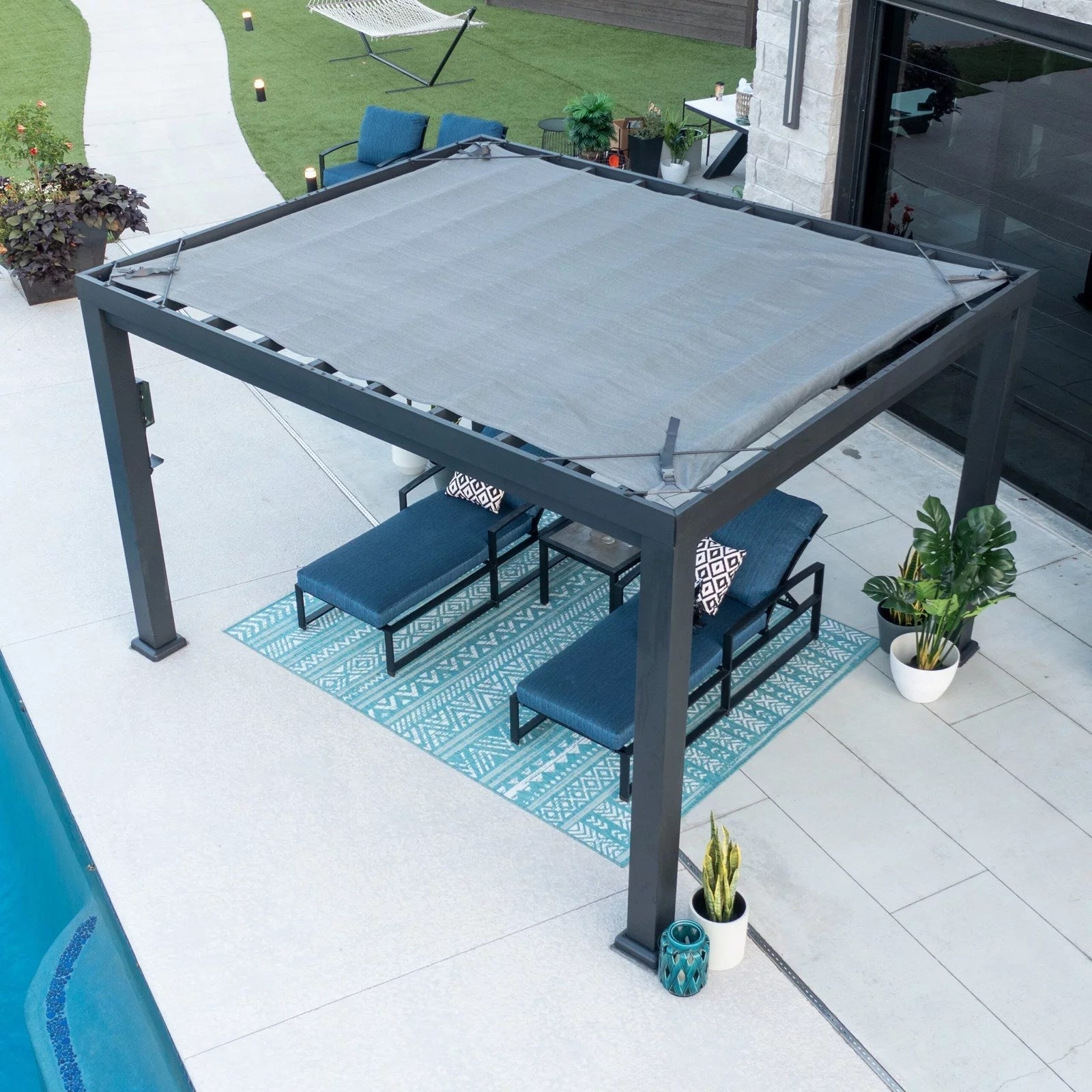 12×10 Trenton Modern Steel Pergola With Sail Shade Soft Canopy