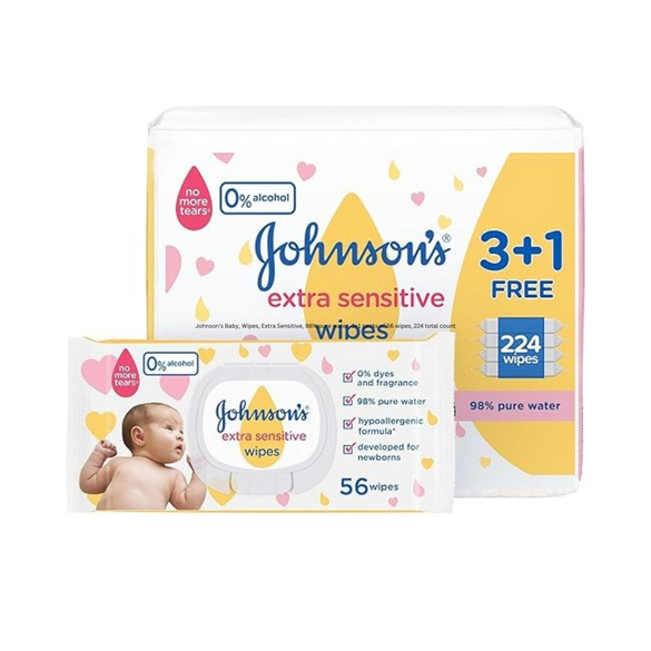 Johnson's Baby, Wipes, Extra Sensitive, 98% pure water, 3+1 packs of 56 wipes, 224 total count